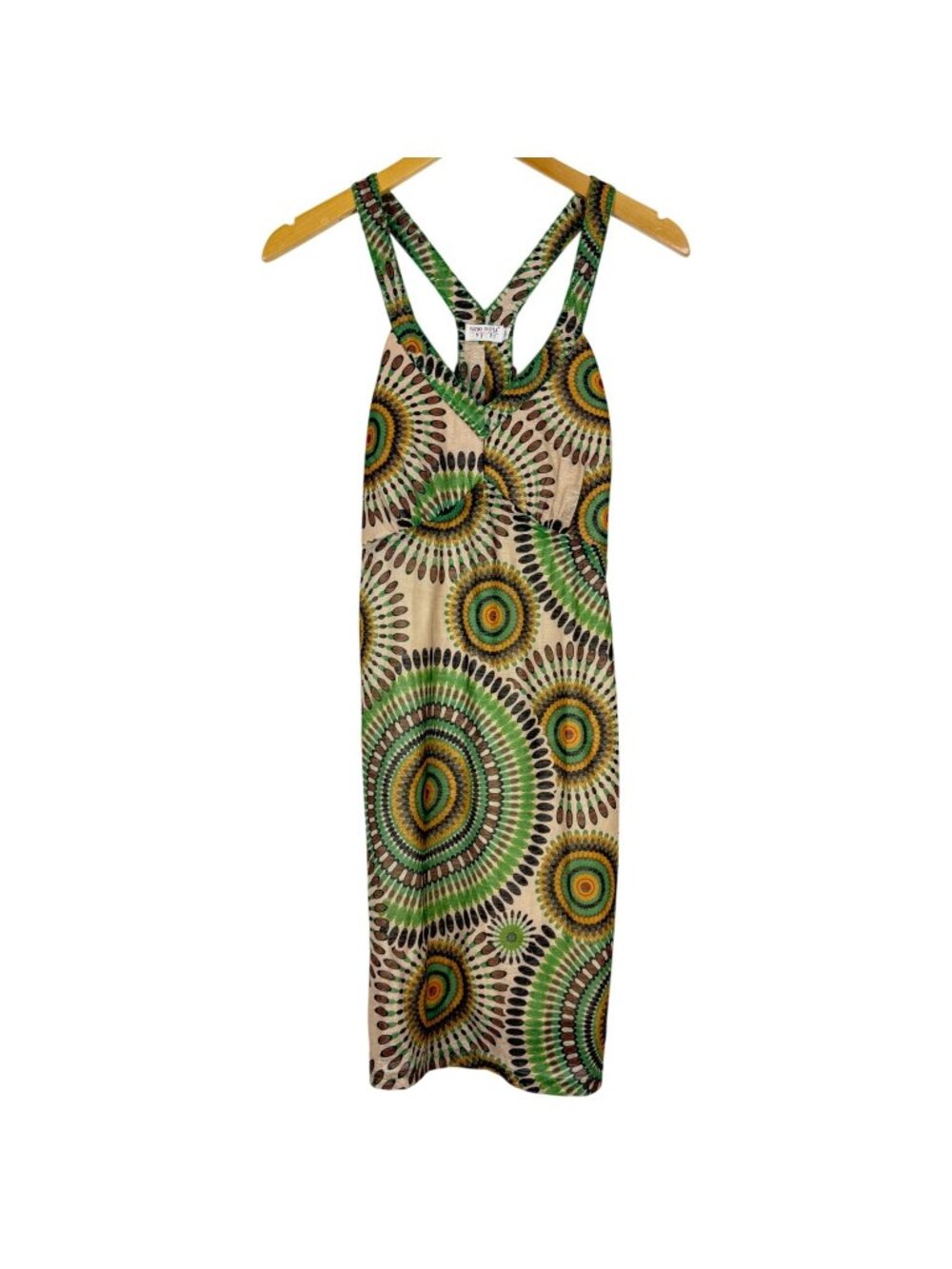 Vtg Y2K Funky People Womens Mini Dress Large Green Abstract Print Strappy Boho